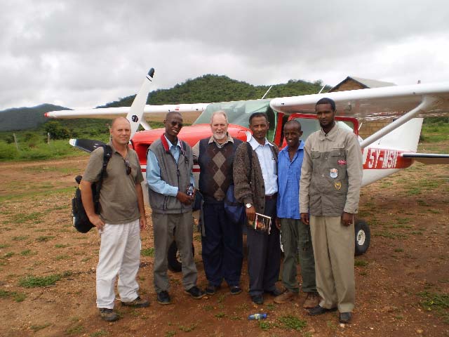 Daniel Shaw (new missionary pilot), Julius Korir, Jerry, Berhanu, Abdi (plane guard), Pastor Abraham